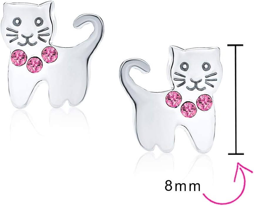 Mini Petite Pink Crystal Jeweled Collar Kitty Kitten Animal Pet Cat Stud Earrings For Teen Women .925 Sterling Silver