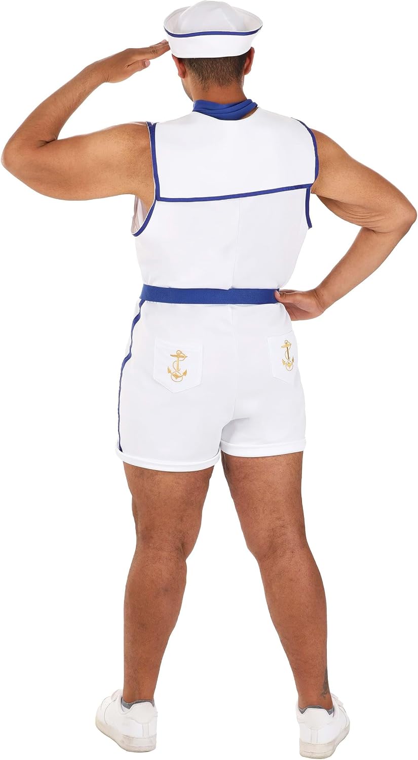 Plus Size Sunbathing Sailor Men's Costume | Sleeveless Boat Crew Mate Sailor Cosplay Uniform Halloween Outfit for Adults