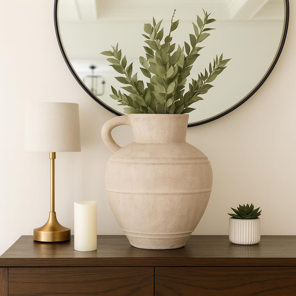 Elegant Pottery Jug Vase with Handle for Living Room Decor and Home Accents - Decorative Flower Vase for Room, Bedroom, or Office Display - Elevates House and Table Styling - 22", Ivory & Tan