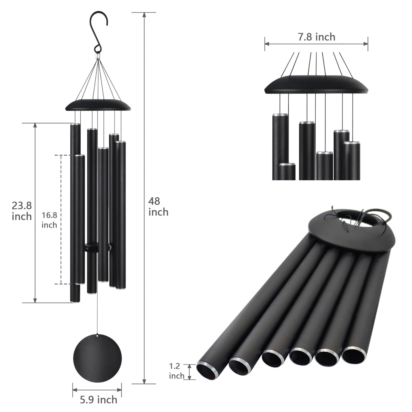 Großes Windspiel für draußen, tiefer Ton, Gedenkgeschenk, 121,9 cm, 6 schwere Aluminiumröhren, ideal für Garten, Terrasse, Hof und Rasen
