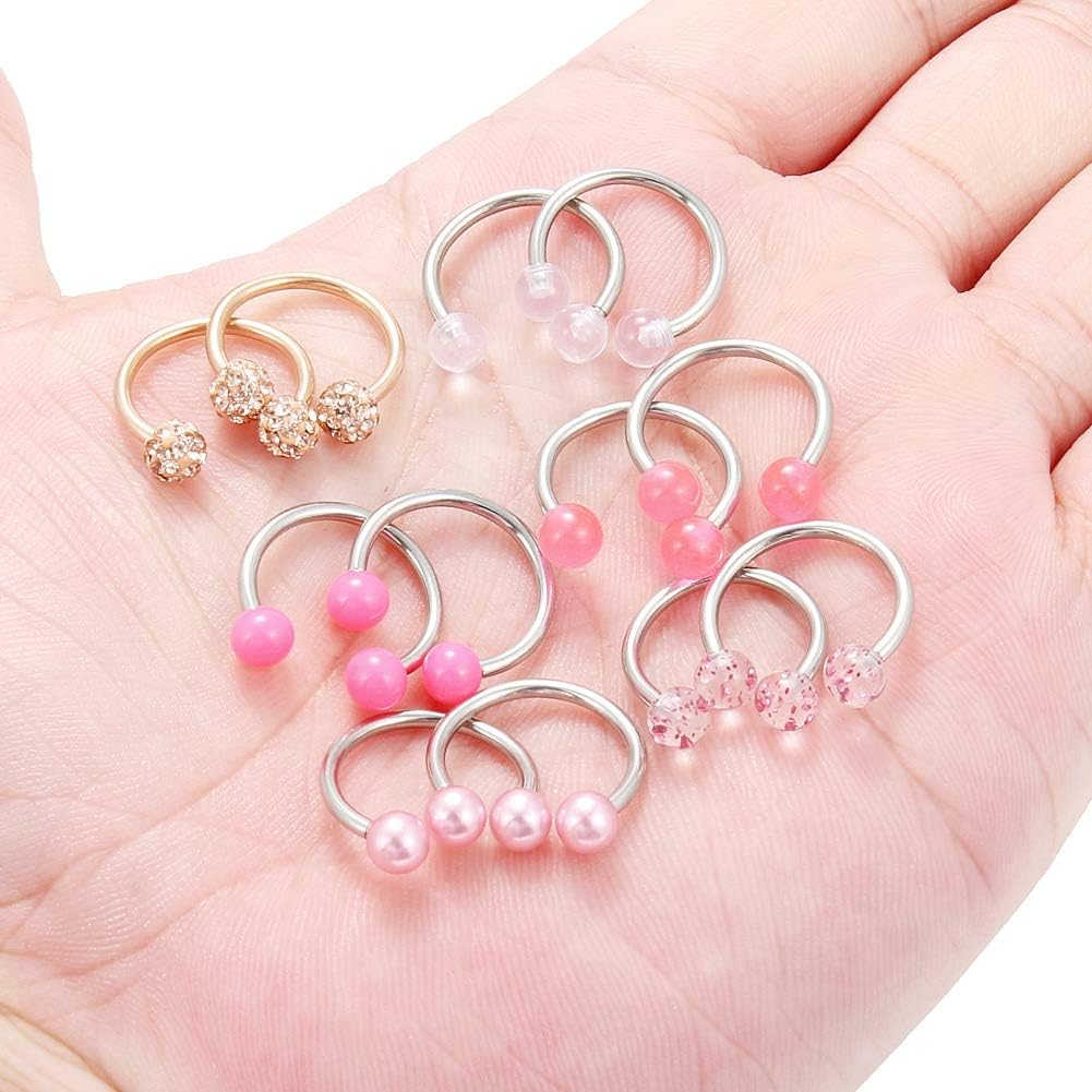 SCERRING 6 Pairs 14G Stainless Steel Horseshoe Nipple Rings Hoop Cartilage Earrings Nipplerings Piercing Jewelry For Women Men 14mm 16mm