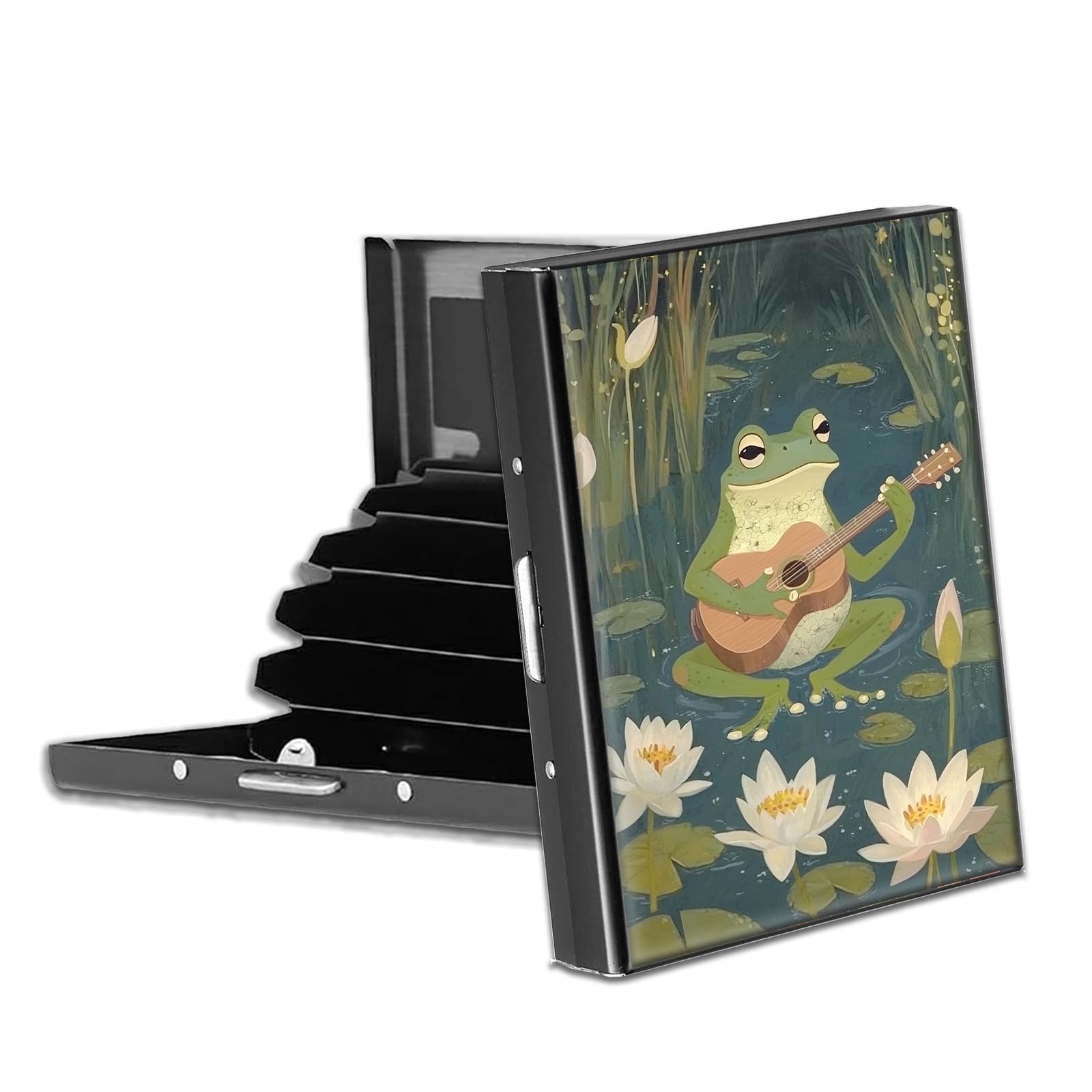 VACGBJPG Rfid Blocking Metal Credit Card Wallet–Slim & Durable 6-Slot Card Holder,Stainless Steel Rfid Protection Case for Men & Women,Compact Business Card Organizer,Frog Play Guitar The Lotus Pond