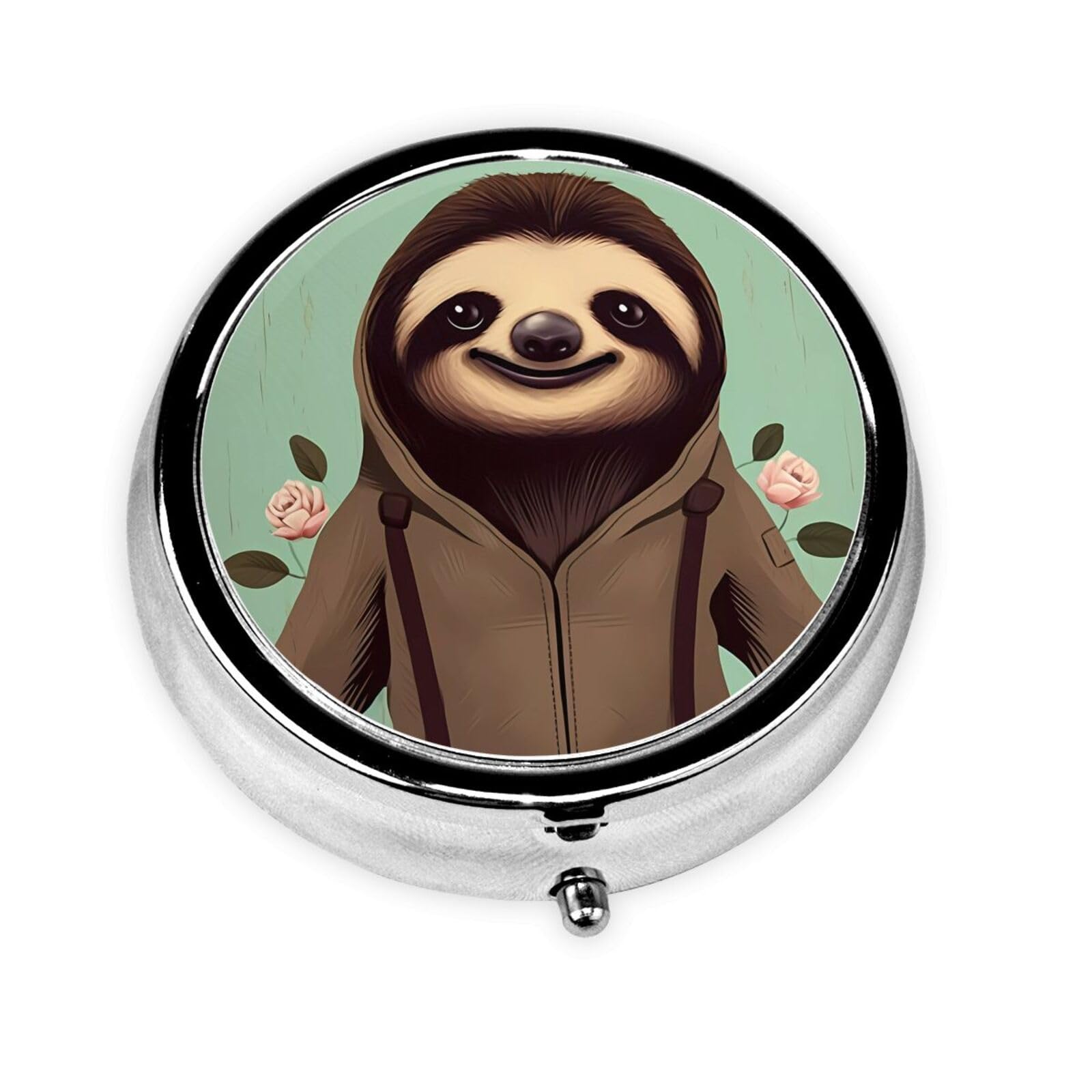 Cute 3-Compartments Round Pill Box Cartoon Sloth Small Pill Case Portable Medicine Dispenser,for Pocket Purse