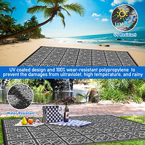 Plastic Outdoor Rug For Patio Clearance 6'X9', Reversible Waterproof Portable Plastic Straw Rug Outside Area Rug Indoor Outdoor Rv Camping Mat For Porch, Camping, Deck, Camper, Balcony, Black&Gray #TOP3