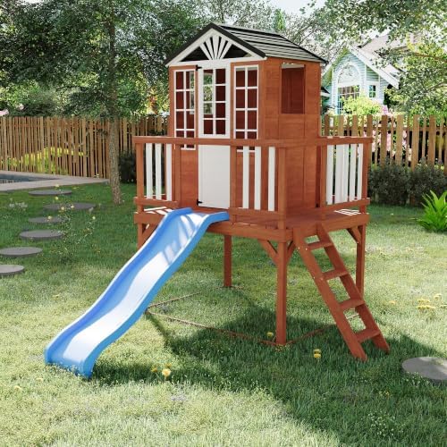Garvee Elevated Wooden Outdoor Playhouse for Kids – 2-Story Cedar, Wave Slide & Climbing Wall – Large Backyard Playhouse for Big Kids – Color: Frame Brown + Slide Green