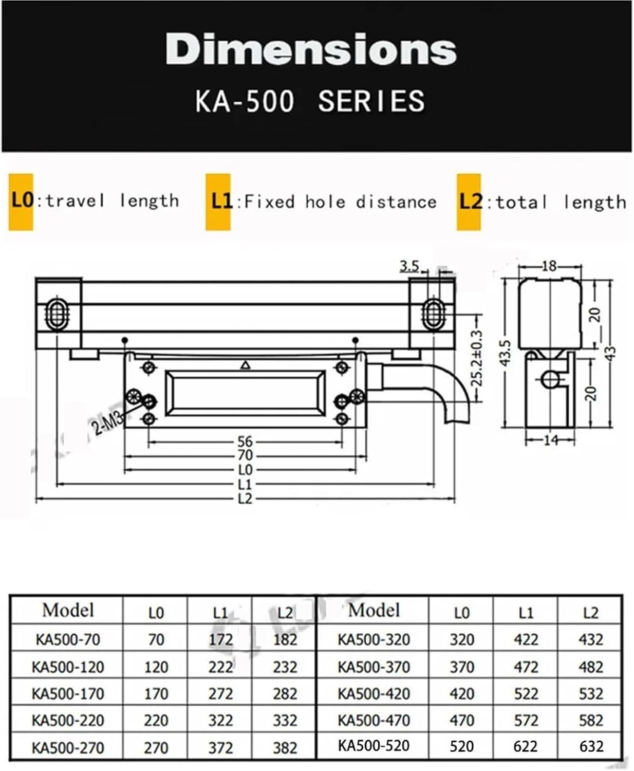 1pcs 1μm High Precision Grating Rulers Sensor Linear Scales Encoder for Lathe Milling Digital Readout DRO Display 70~520mm KA500(KA500-470mm-1U)