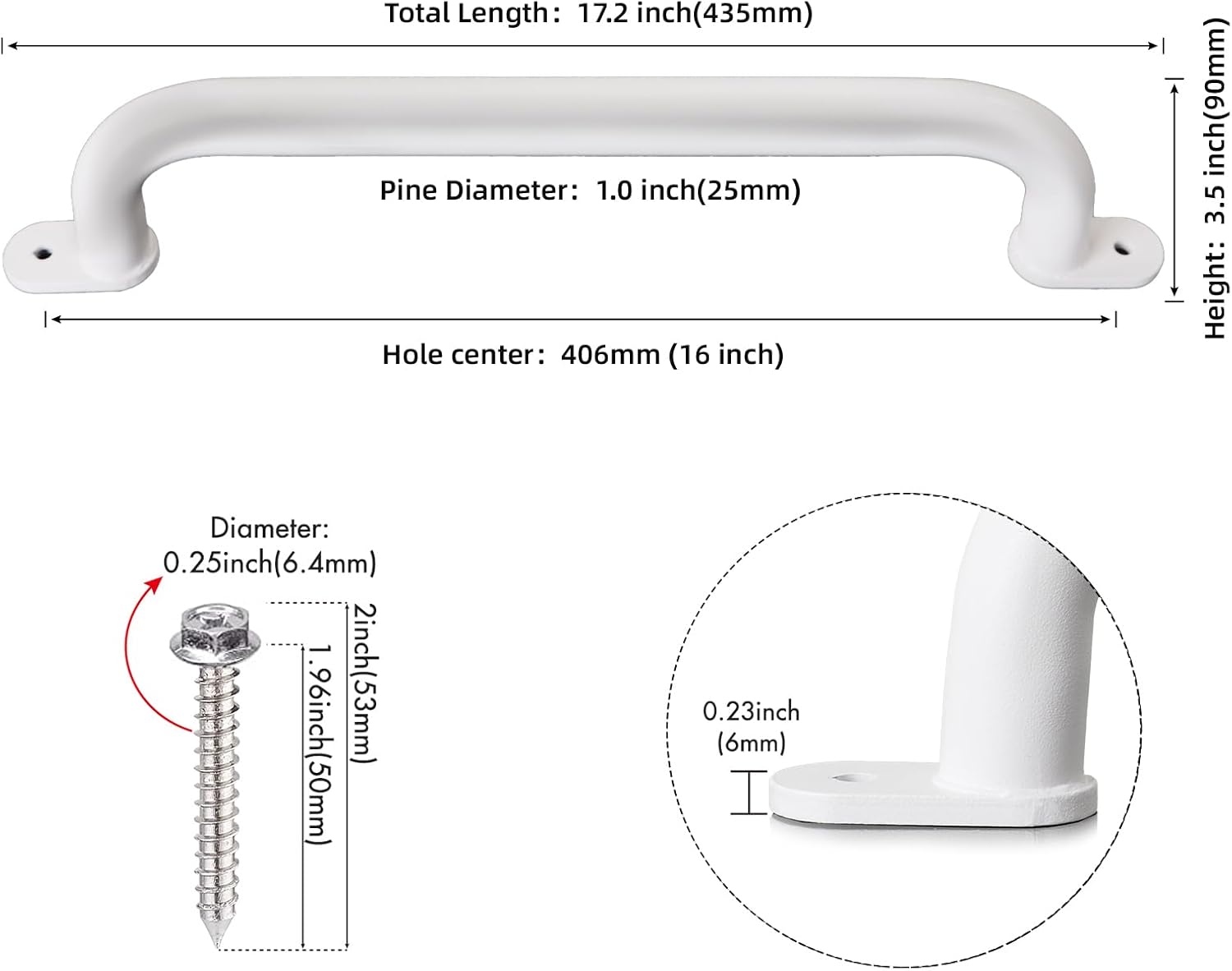17 Inch Pack of 6 White Metal Playground Safety Handles - Playset Grab Handles, Swing Sets Hand Grips Grab Rail, Kids Monkey Bar for Indoor Playroom