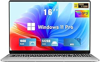 Computador Portátil 16 Polegadas 16GB RAM 512 GB M.2 SSD Expansão 1TB Portátil 4 Cores Celeron N95 até 3,4 GHz Win 11 Pro Laptop FHD 1920×1200 USB 3.0 BT 5.0 WiFi 5 HDMI Altifalantes Duplos