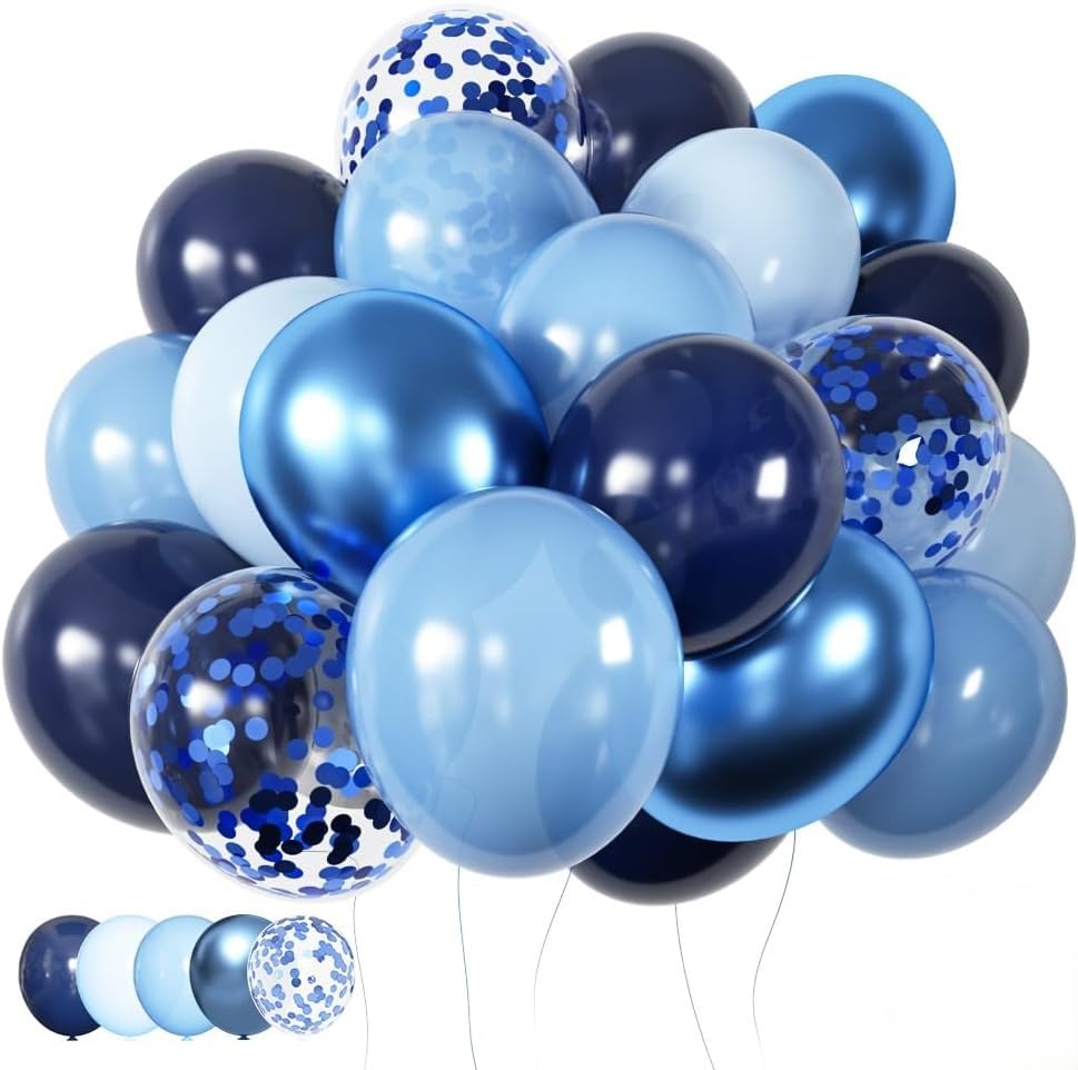 Luftballons Blau 60 Stück 12 zoll, Blaue Ballons Navy Pastell Blau Hellblau Latex Luftballons Metallic Konfetti Ballons Set für Mann Geburtstag Hochzeit Weihnachten Abschluss Party Deko