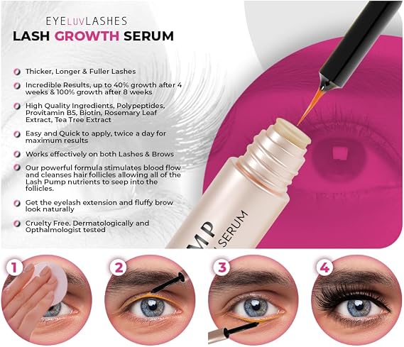 Eyeluvlashes Lash Growth Serum - Lash Pump Powerful Lash Serum for Thicker, Longer Eyelashes - Eyelash Growth Serum for Extra Thickness - Eyelash Serum with Amino Acids, Provitamin B5, Biotin - 5ml