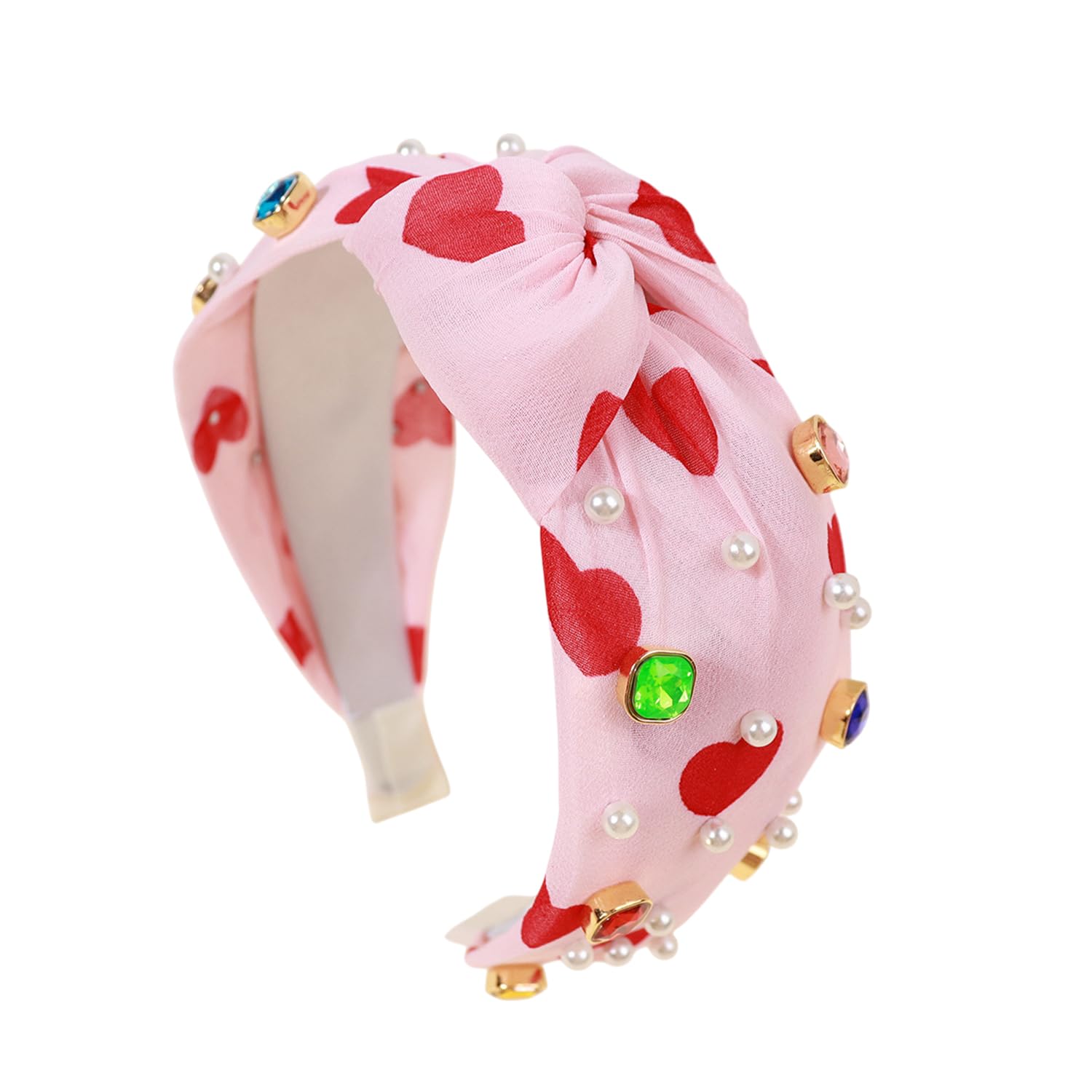 1Pcs Pink Valentines Headband Red Hearts Knotted Headbands with Pearl Rhinestones Jewelry Hair Accessories Romantic Valentine Hair Bands Heart Head Bands for Women