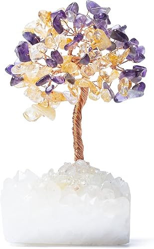 Miniatura 6 de GEMBOURY Árbol de dinero de cristal de citrino de amatista natural con base de cuarzo blanco, 5.5 pulgadas, árbol de bonsái de piedras preciosas