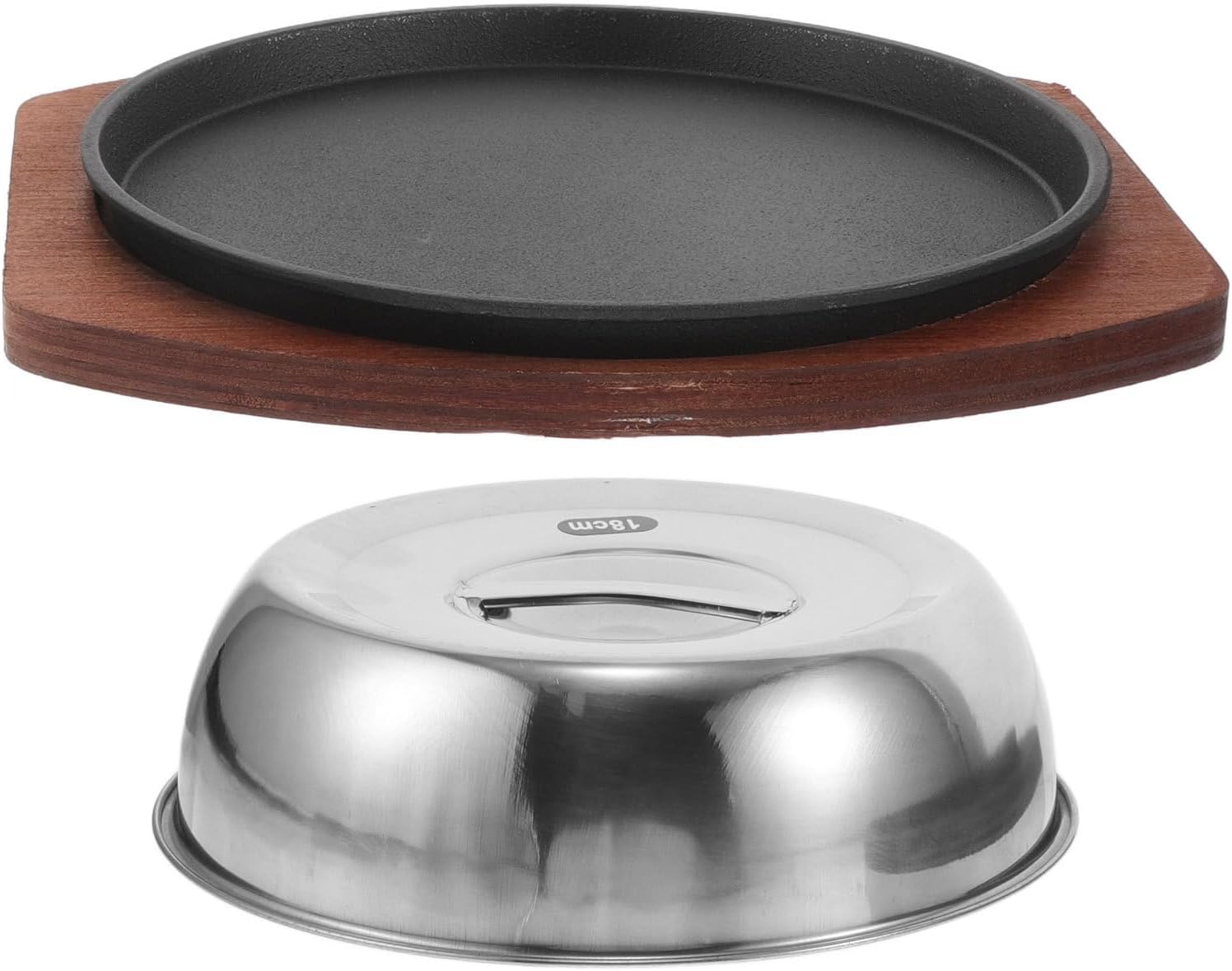 PRETYZOOM Cast Iron Steak Plate with Lid and Base 19cm Small Thick round Grill Pan for Indoor and Outdoor Barbecue Cooking
