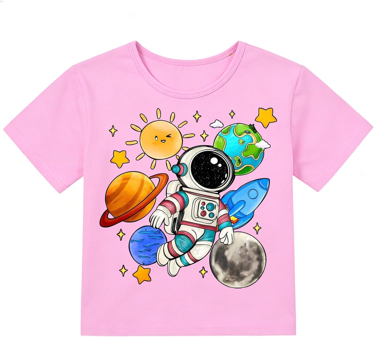Toddler Boys T-Shirt Cotton Astronaut Space Sun Planet Rocket Short Sleeve Kids Top 2-8 Years