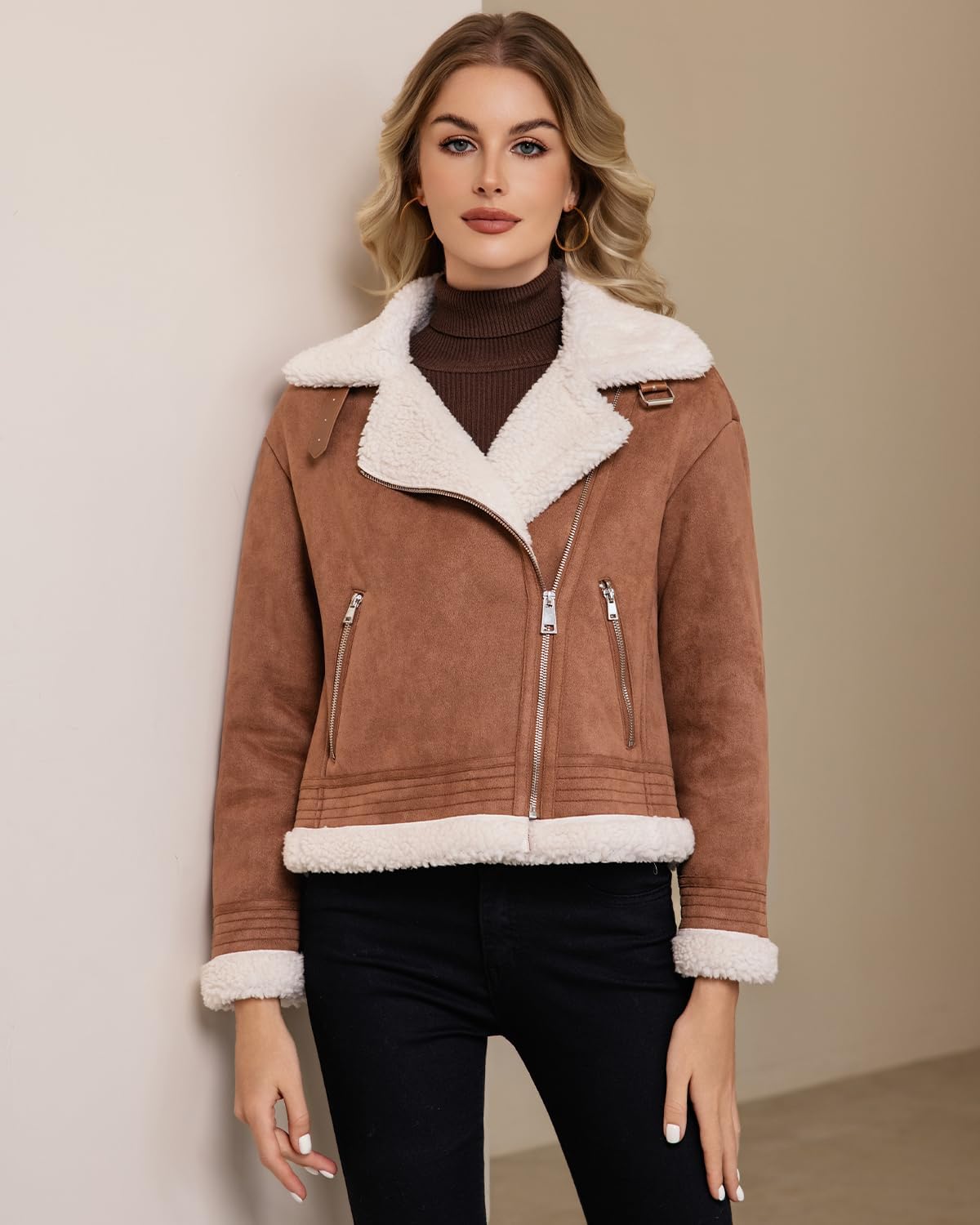 DIASHINY Women's Faux Shearing Fur Winter Coat Warm Thick Fur Lined Faux Leather Jacket - Image 5