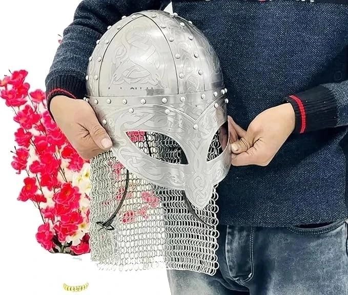 Medieval Viking Helmet with Chain Mail Armor for LARP Costume | Celtic Engravings, Full Chain Mail Aventail, Halloween Costume, Steel Construction, Decorative Rivets