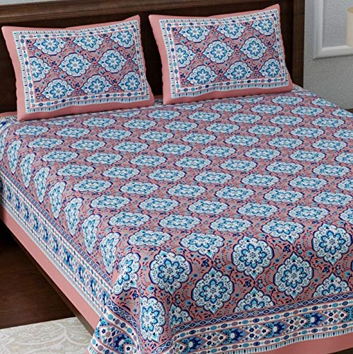 Image of Living Roots Ethnic Rajasthani /Jaipuri /Sanganeri Block Print 100% Cotton Super King Size 100 * 108 Bedsheet with 2 Pillow Covers (49B)