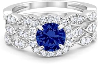Blue Apple Co. Halo Art Deco Three Piece Wedding Engagement Bridal Set Ring Band Solid 925 Sterling Silver Choose Color