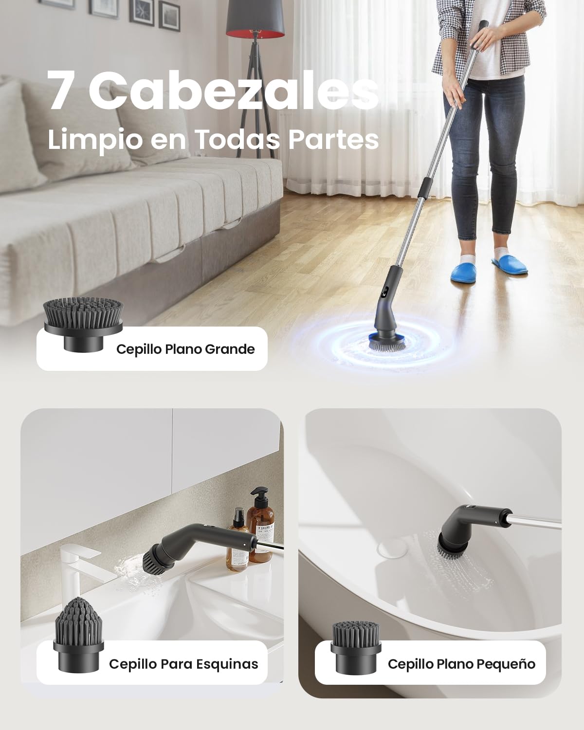 Leebein Cepillo Eléctrico Limpieza Hogar, 2026 Fregadora Giratoria Eléctrica, IPX7 Impermeable con 7 Cabezas, Mango Extensible y 2 Velocidades para Baño, Suelo, Cocina y Coche