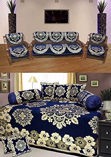 AK DECOR STORE Printed Combo of Velvet Sofa Cover (Set of 6), 500 TC Velvet Diwan Set (Set of 8) - Single Bedsheet (90x58 Inch), 5 Cushion Covers (16x16 Inch) and 2 Bolster Covers (32x18 Inch) (Blue)-image-23