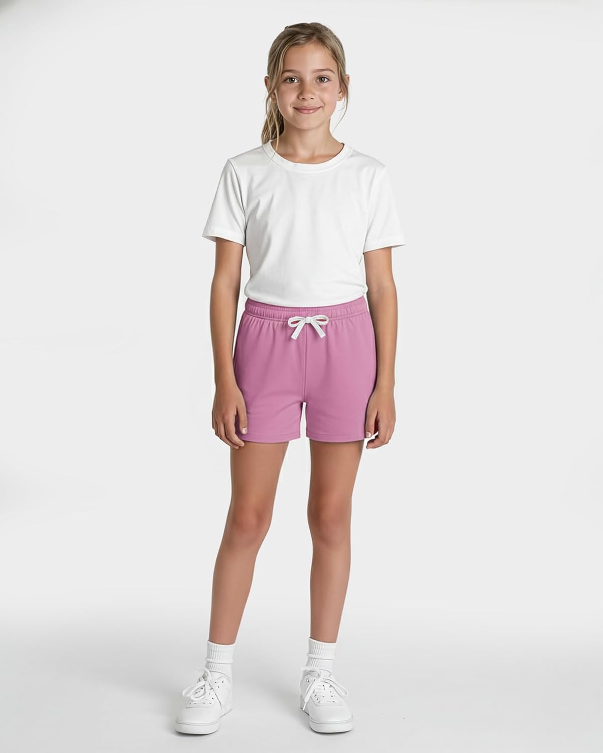 Real Essentials 4 Pack: Girls French Terry Lounge Shorts – Ultra Soft Pull-On Gym, Camp, Sports & Everyday Shorts - Image 4