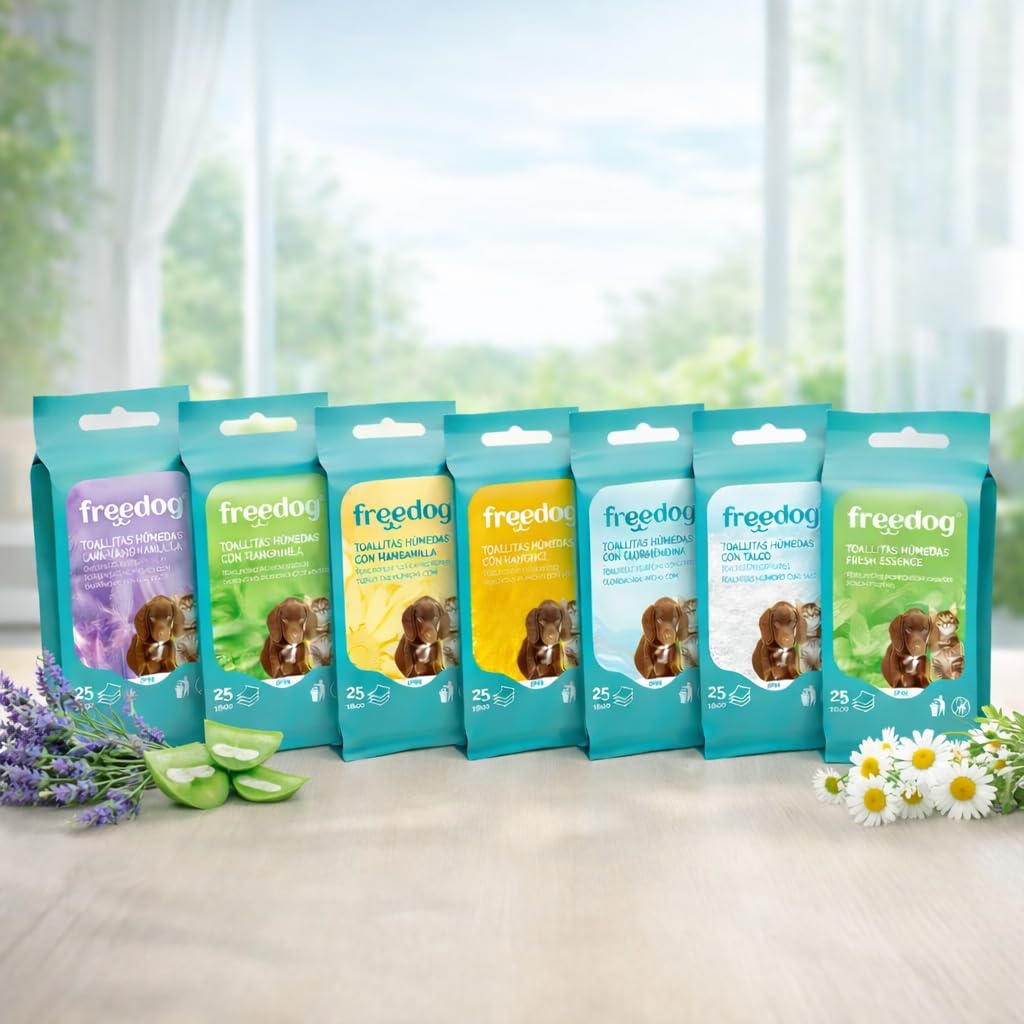 Freedog Pack 9 Paquetes de 25 Unidades Toallitas Húmedas para Perros y Gatos Esencia Talco - Toallitas - Toallitas Húmedas - Limpiador Patas Perro - Eliminador De Olores - Toalhitas - Limpieza