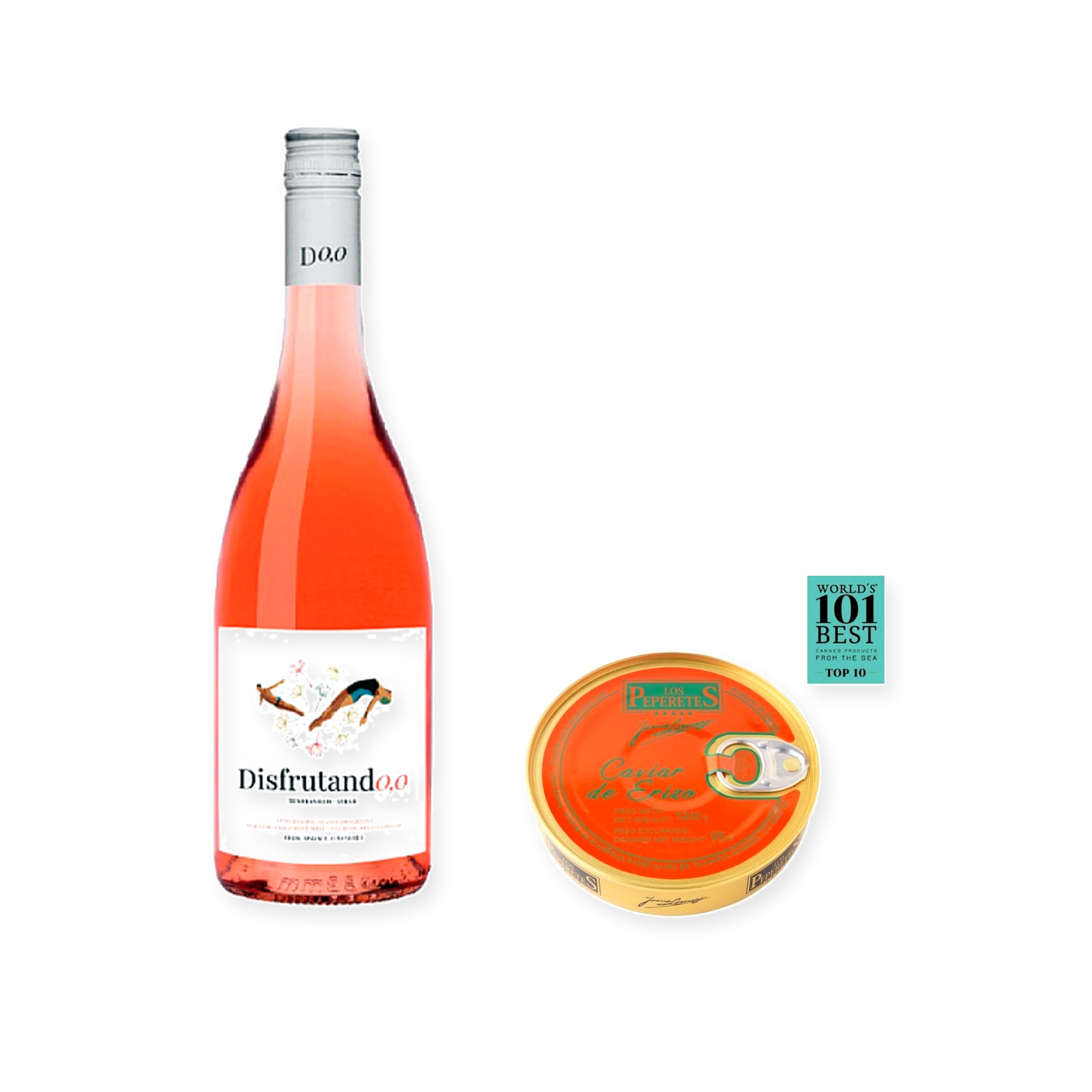 vino sin alcohol Disfrutando 0,0 Rosado con Caviar de Erizo Los Peperetes - 1 lata y 1 botella de 75 cl