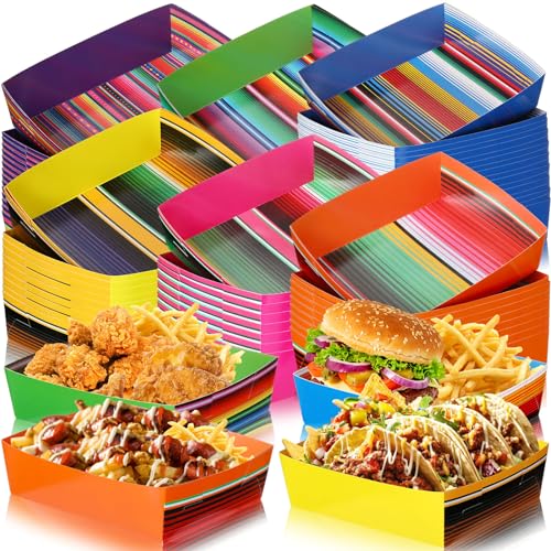 Harloon 36 Pack Large Mexican Paper Food Trays 5 lb Disposable Fiesta Snack Nacho Boats Cinco De Mayo Party Food Serving Trays for Mexican Themed Party Supplies(Colorful Stripes)