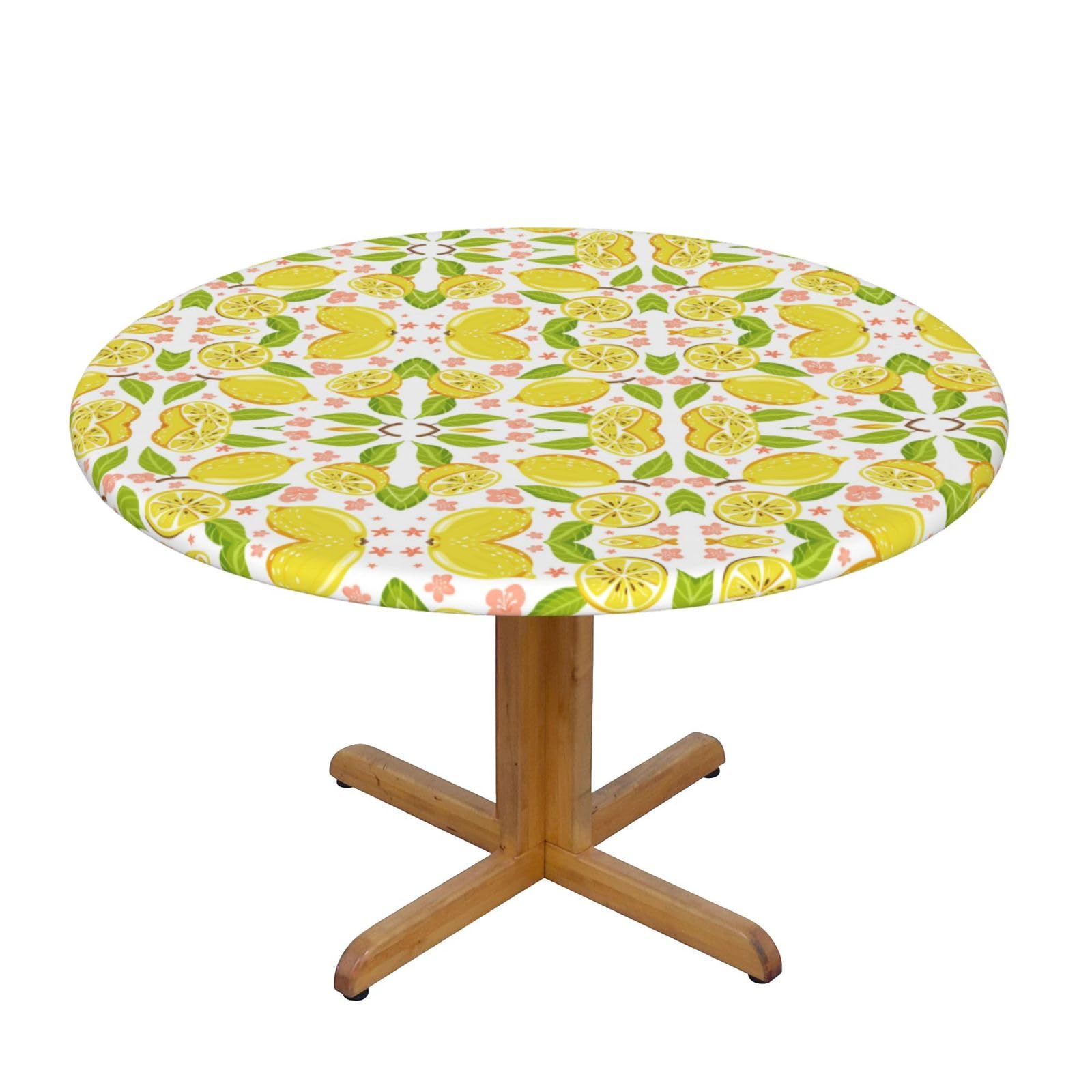 ESNAIUVCD Fruits Lemon print Waterproof Round Tablecloth,Outdoor Table Cloth with Elastic Edged, Elastic Tablecloth Wipeable, Garden Table Cloth Suitable for sizes 90cm-140cm