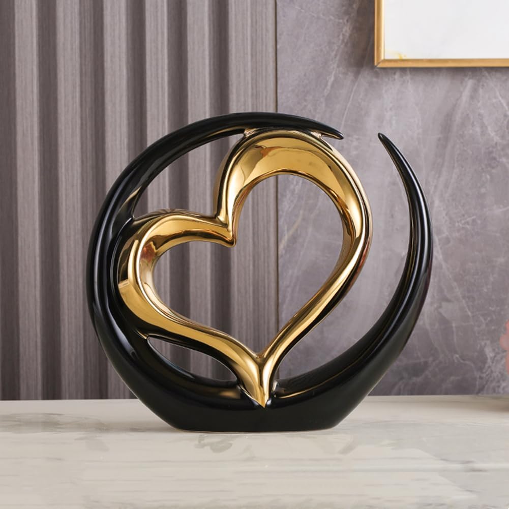 Home Decoration Art StatueModern Heart Shape Decorative Ceramic Statue for Dining Room Living Room Office TV Stand Centerpiece Black Gold