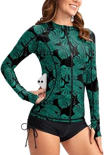 SANTINY Women's Rash Guard Zipper Pockets UPF50+ Sun Protection Long Sleeve Swimsuit Top Zip Front Swim Shirt for Women
