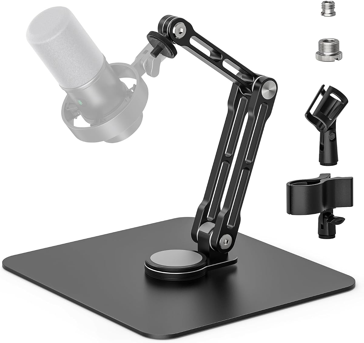 Mic Stand Desk, 360° Rotatable Desktop Microphone Stand, Max Load 4.4 lb, Adjustable Microphone Desk Stand Mount with 1/4“ 3/8“ 5/8” Screw and 2 Mic Clip, for Recording Podcasting Streaming Studio