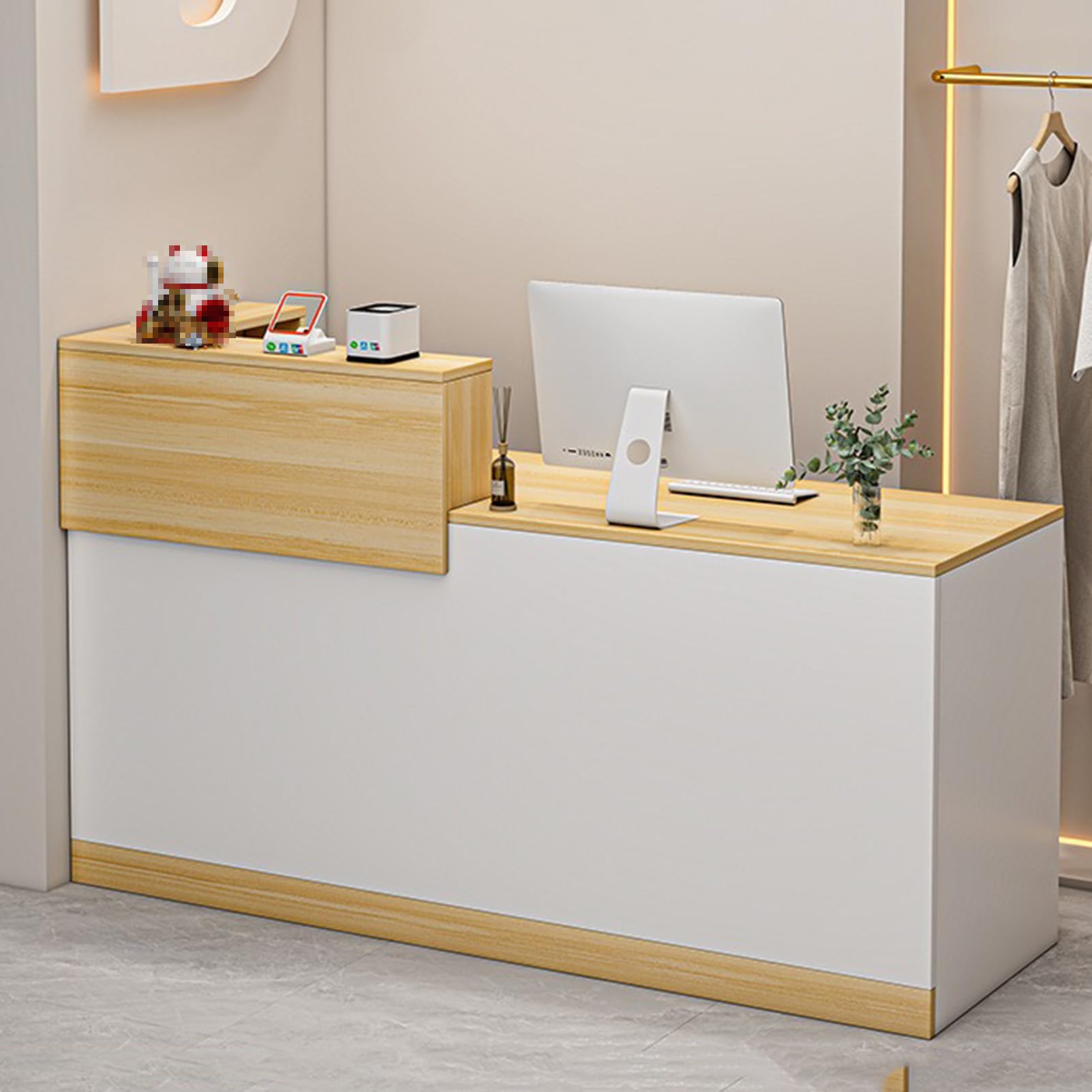 Moderno banco reception con cassetti per supermercati e saloni di bellezza a forma di L in legno postazione di lavoro per negozi di abbigliamento e bar