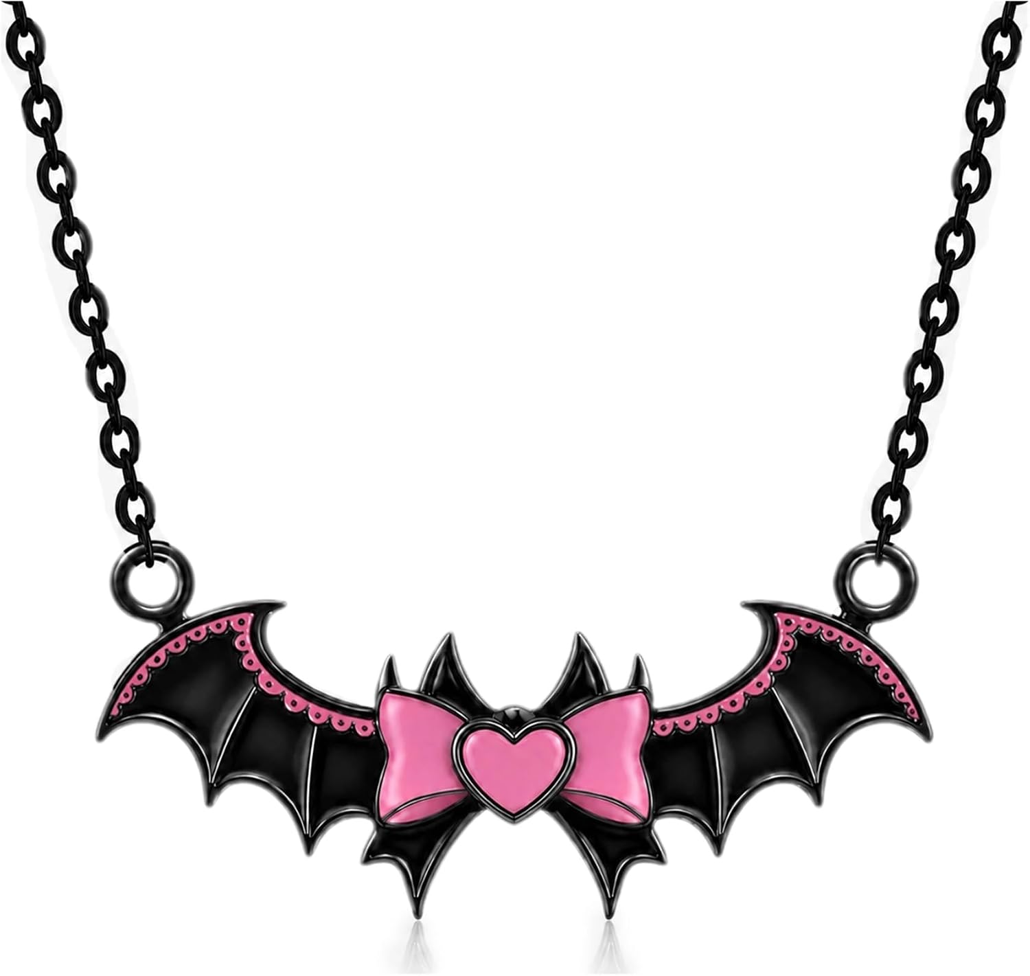 Gothic Pink Bat Necklace for Women Halloween Emo Pendant Jewelry