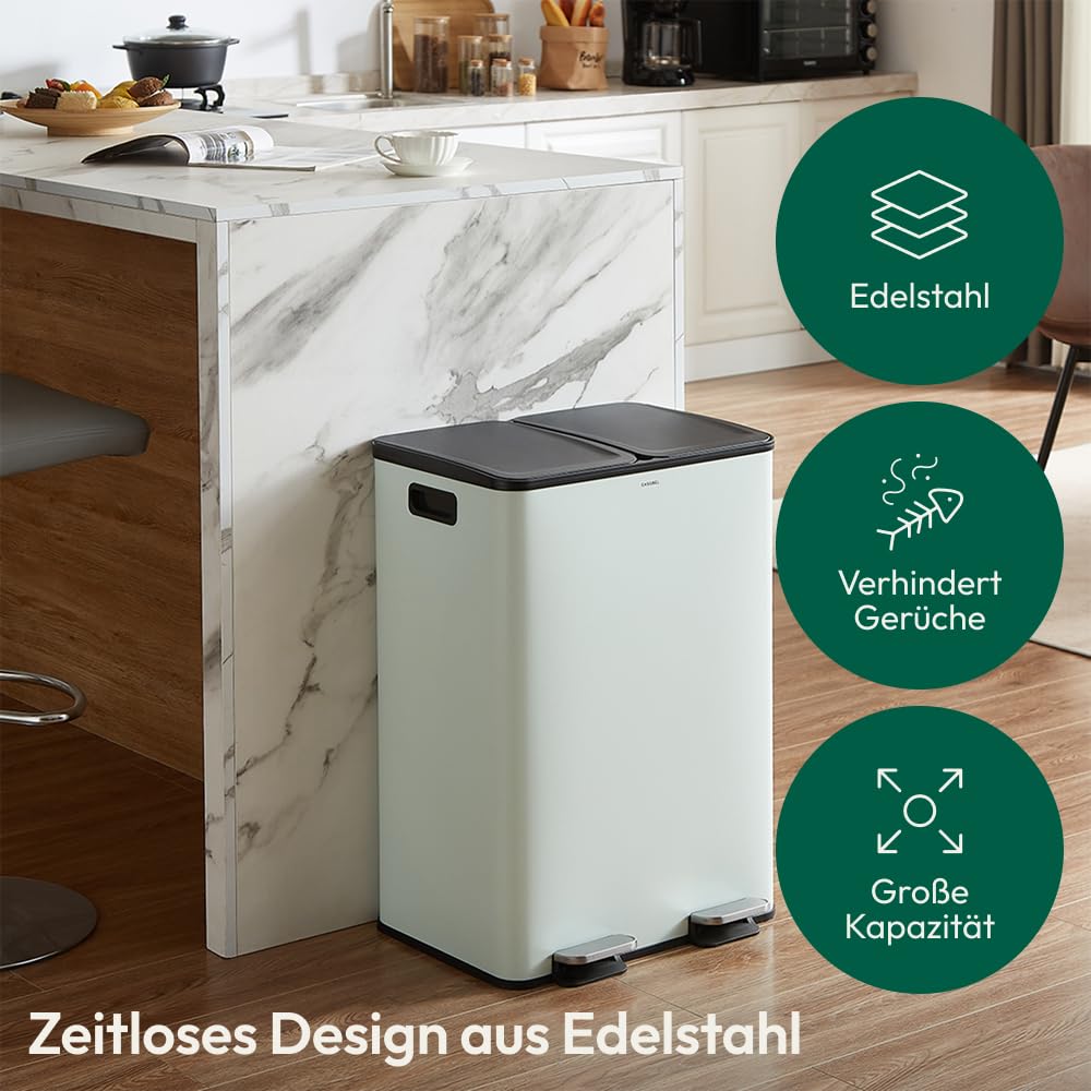 CASABEL Mülltrennung Mülleimer 60L, Küchenmülleimer 2x30L mit Pedal, fingerabdruckfreier Edelstahl, Doppelkammern, herausnehmbare Eimer, Griffe, leise Deckel, Mintgrün
