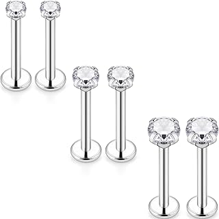 16G Lip Labret Monroe Medusa Rings Studs Internally Threaded 316L Surgical Steel Flat Back Nose Studs Cartilage Tragus Helix Earring Piercing 6mm 8mm 10mm Bar 2mm 3mm 4mm CZ 3pairs