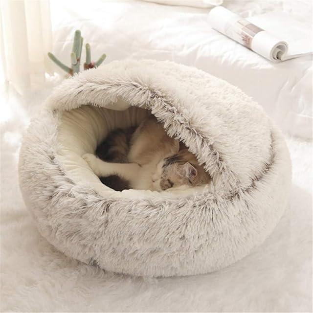 Foto 2 de 8 de Ndier Cama para gatos redonda de felpa suave con capucha para interior de invierno, cálido cojín para dormir