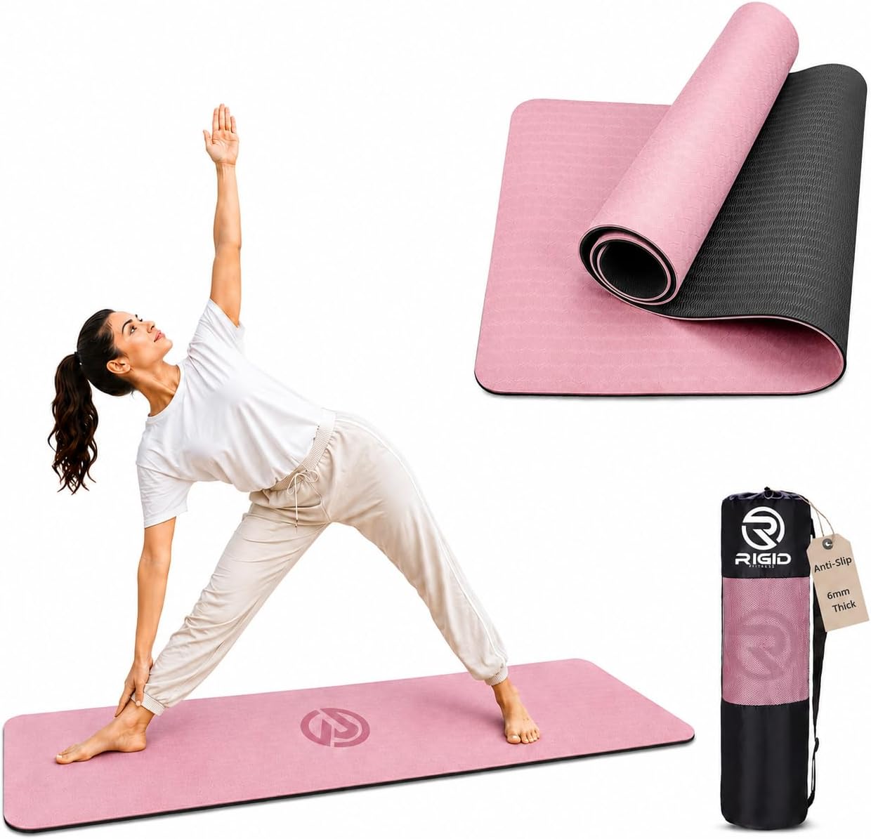 6mm Anti-Slip TPE Yoga Mat with Carry Bag - Knee Support, Non-Slip Exercise Mat, Double Colors Training Mat for Yoga, Pilates, Fitness - Home & Gym Workout Mat - 183 * 66cm (0.6cm Thick)