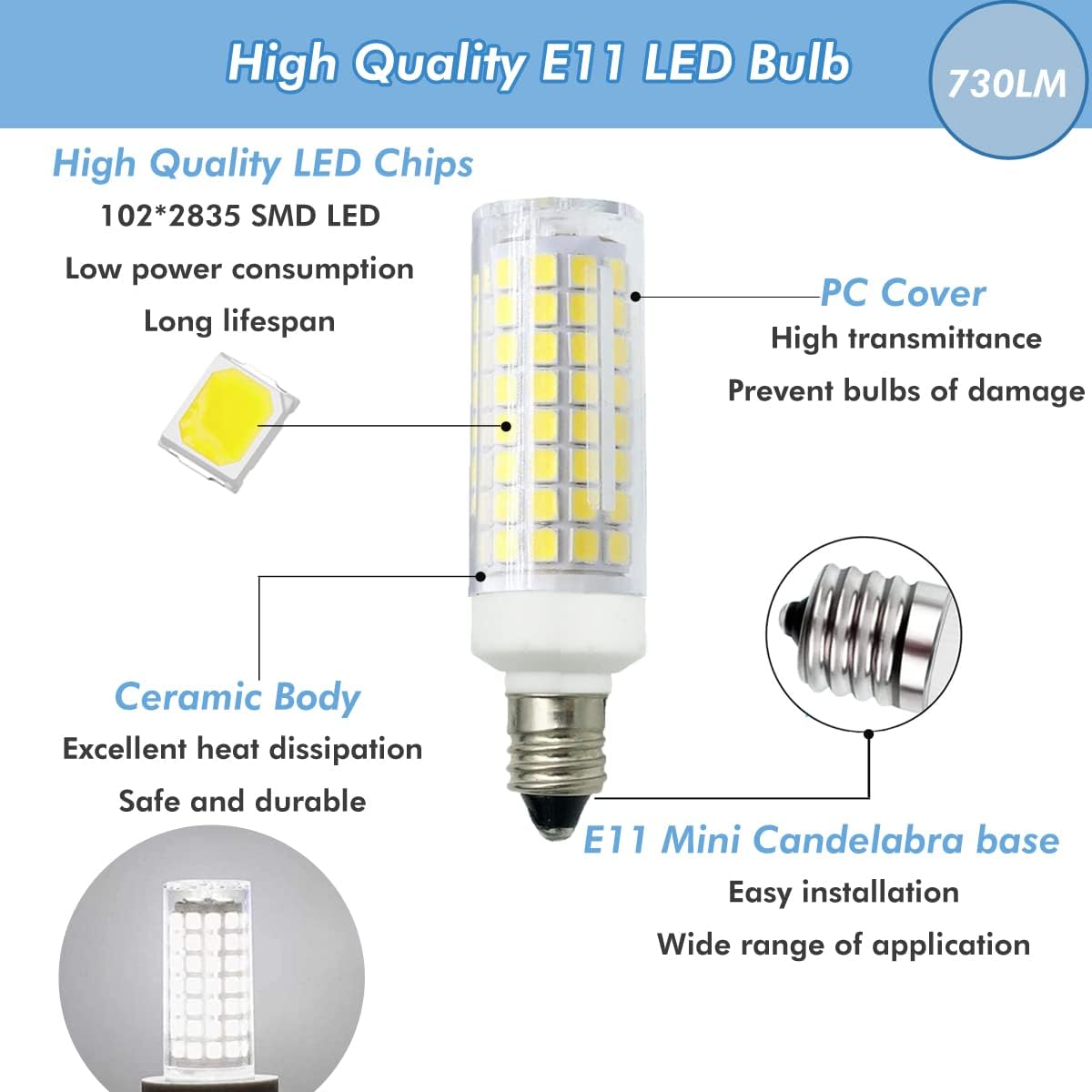 [Pack of 8] E11 LED Bulb 7W Dimmable E11 Mini Candelabra Base 75W Halogen Equivalent, T3/T4 JD E11 LED Light Bulb for Chandelier Cabinet Ceiling Fan Decorative Lighting White 6000K
