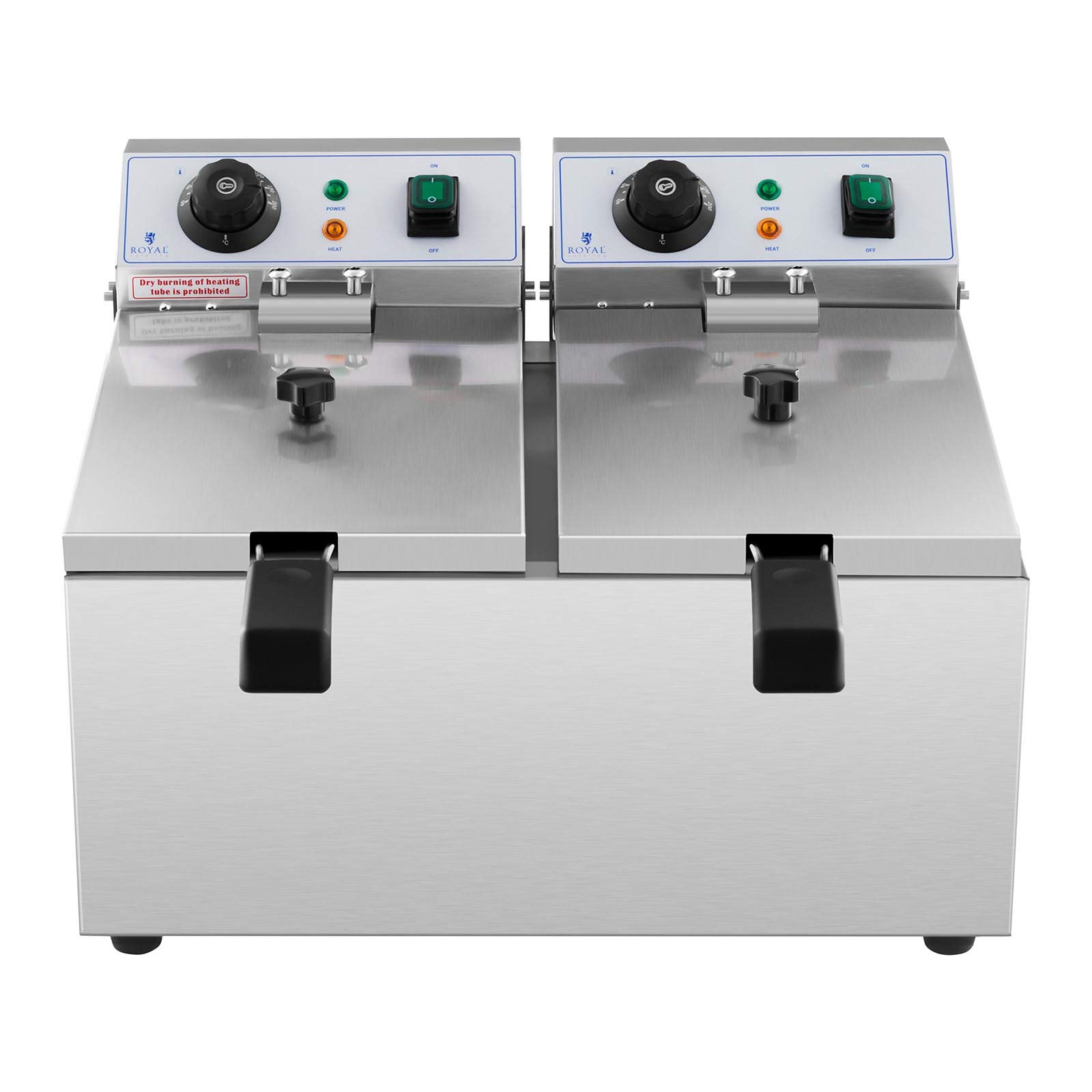 Royal Catering Friggitrice Professionale Friggitrice Elettrica Doppia RCEF 08DB (2 x 3.200 W, 2 x 8 L, Intervallo di temperatura: 50-200 °C, Zona fredda, Con coperchio)