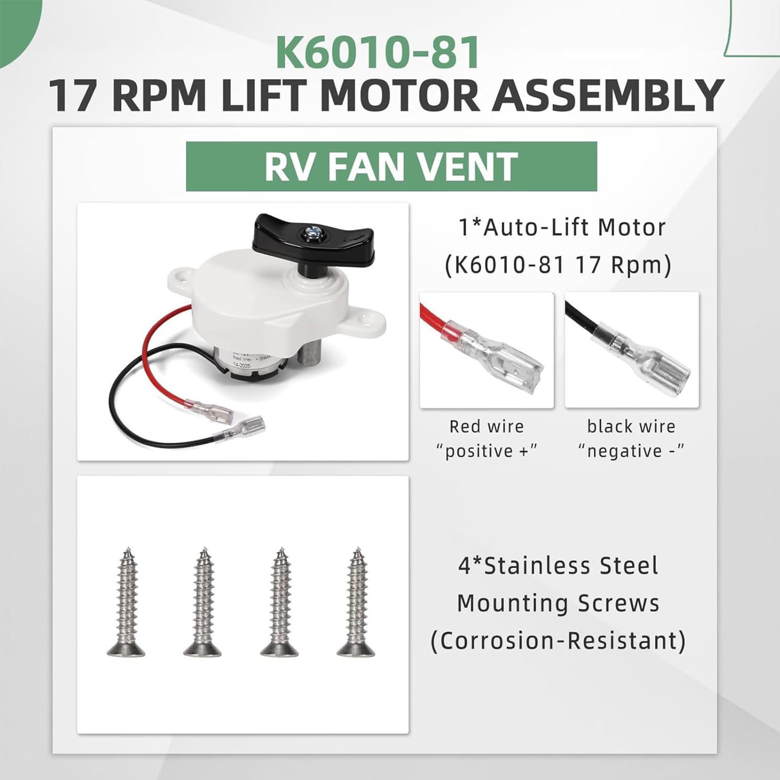 K6010 81 - Motor de elevación de ventilador de ventilación de 17 velocidades con carcasa resistente a los rayos UV y tornillos de acero inoxidable, tornillos de motor de acero inoxidable