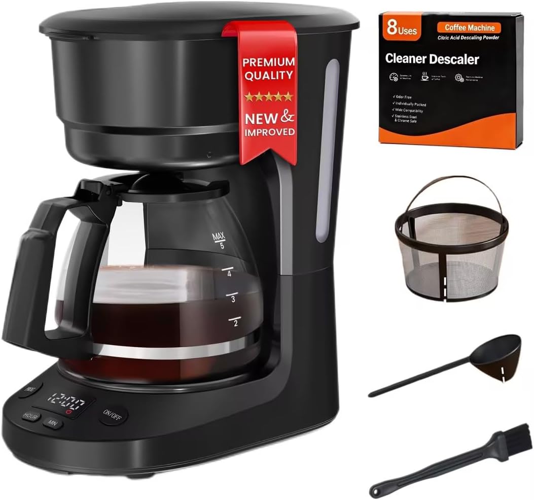 Crzoe Compact Drip Coffee Maker with Timer, Anti-Dry & Auto Shut-Off Protection, Anti-Drip System, Removable Funnel, Small Coffee Machine for Home Office Use, Black