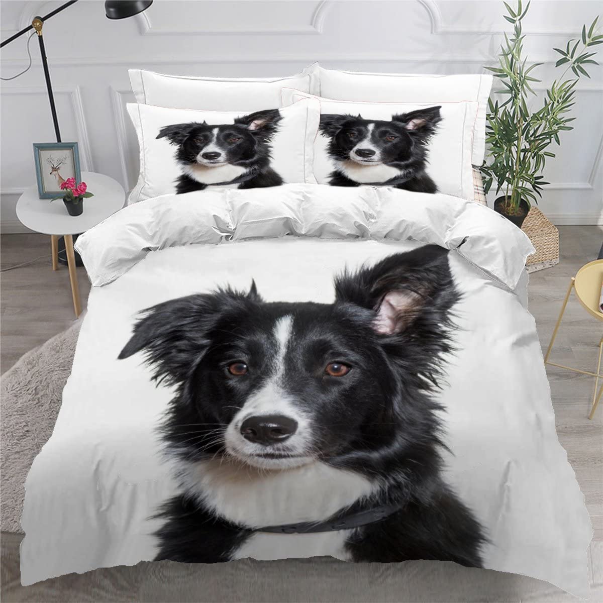 Dog Bedding Sets King Size Luxury Bedroom Decor Bedding Polyester Comforter Cover with Pillowcase Bedding Sets Border Collie white Duvet Cover King Size 230x220 cm