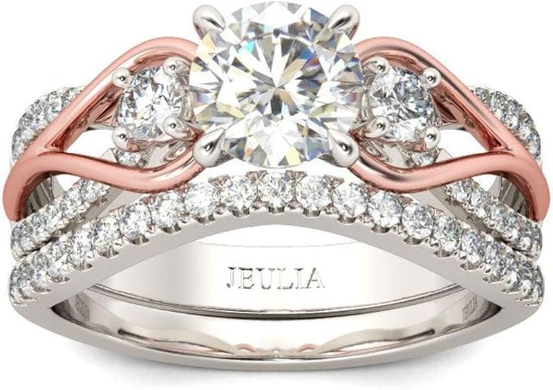 Jeulia Two Tone Rings for Women Rose Gold Three Stone Round Cut Engagement Rings Sterling Silver Halo Bridal Ring Set Anniversary Promise Wedding Ring with Jewelry Gift Box