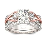 Two Tone Rings for Women Rose Gold Three Stone Round Cut Engagement Rings Sterling Silver Halo Bridal Ring Set Anniversary Promise Wedding Ring with Jewelry Gift Box