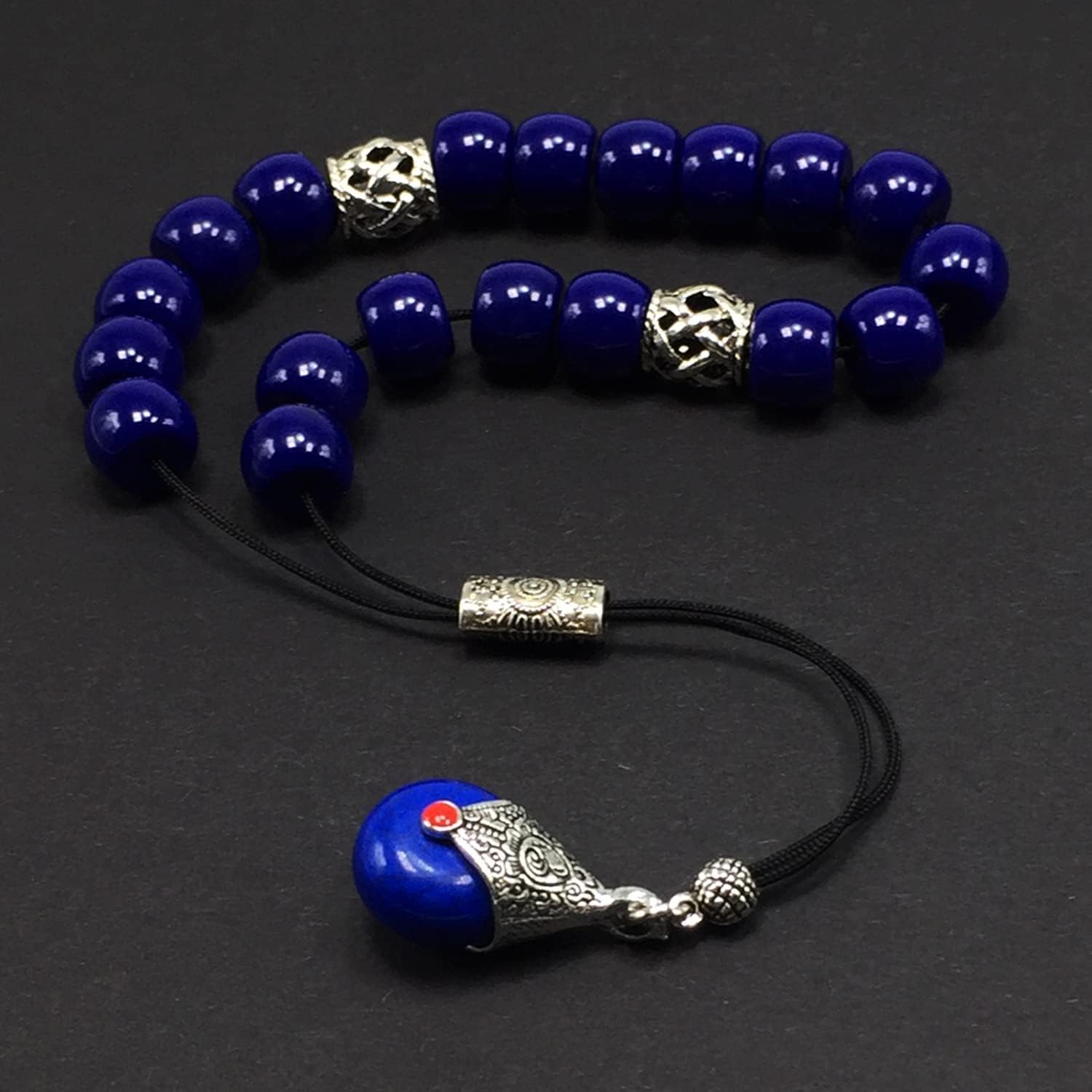 Design - Greek KOMBOLOI Series, Worry Beads, Begleri Pony, Anxiety Reliever, Rosary Relaxation Stress Relief (Navy Blue Resin Drum -13X9 mm- 19 Big piece)
