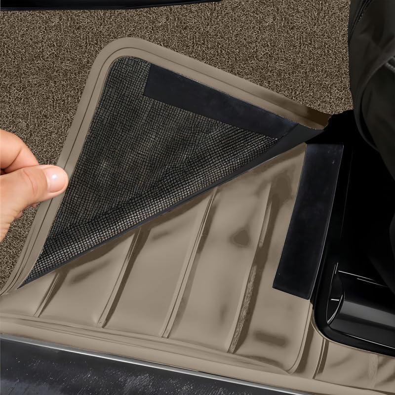 Image of Premium 12D Car Foot Mat for VinFast VF MPV 7-7 Seater (All 3 Rows) | Luxury Leather | Double Layered | Waterproof and Washable | Custom Fit | Detachable Grass Mat | Beige