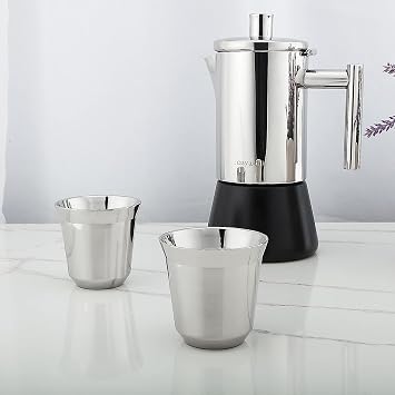 Easyworkz Stainless Steel Espresso Cup 2pcs Set Double Wall Insulated Metal Demitasse Cups (Silver, 2.5 oz), Bundled with Double-Wall Espresso Cups 5 oz Set of 2, Vertical Stripe Design, Chrome