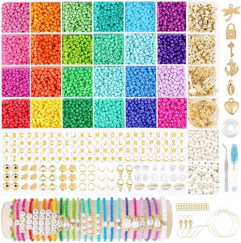 3mm Perlen für Armbänder, Perlen zum Auffädeln mit Buchstabenperlen Zubehör, 24 Farben Glasperlen Charm Kit Armbänder Selber Machen, Perlen Set für Armbänder Schmuck Herstellung, Partys, Feiertage