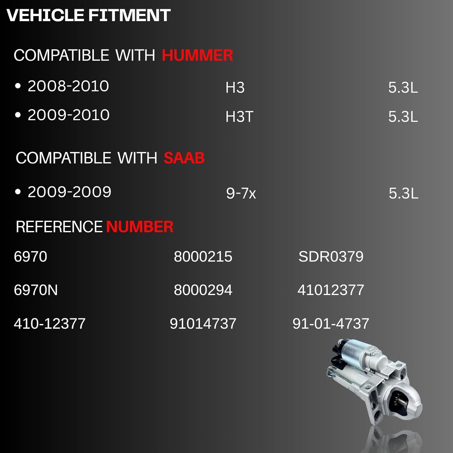 6970N Starter Motor Fit for Chevy Silverado 1500 V8 5.3L 4.8L 09-13 LS, for Chevrolet Tahoe V8 5.3L 09-14 4.8L 09-12 Compatible with GMC Sierra 1500 V8 5.3 4.8 09-13, Suburban V8 5.3L 09-14 12611102